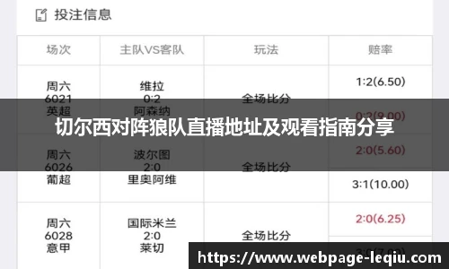 切尔西对阵狼队直播地址及观看指南分享